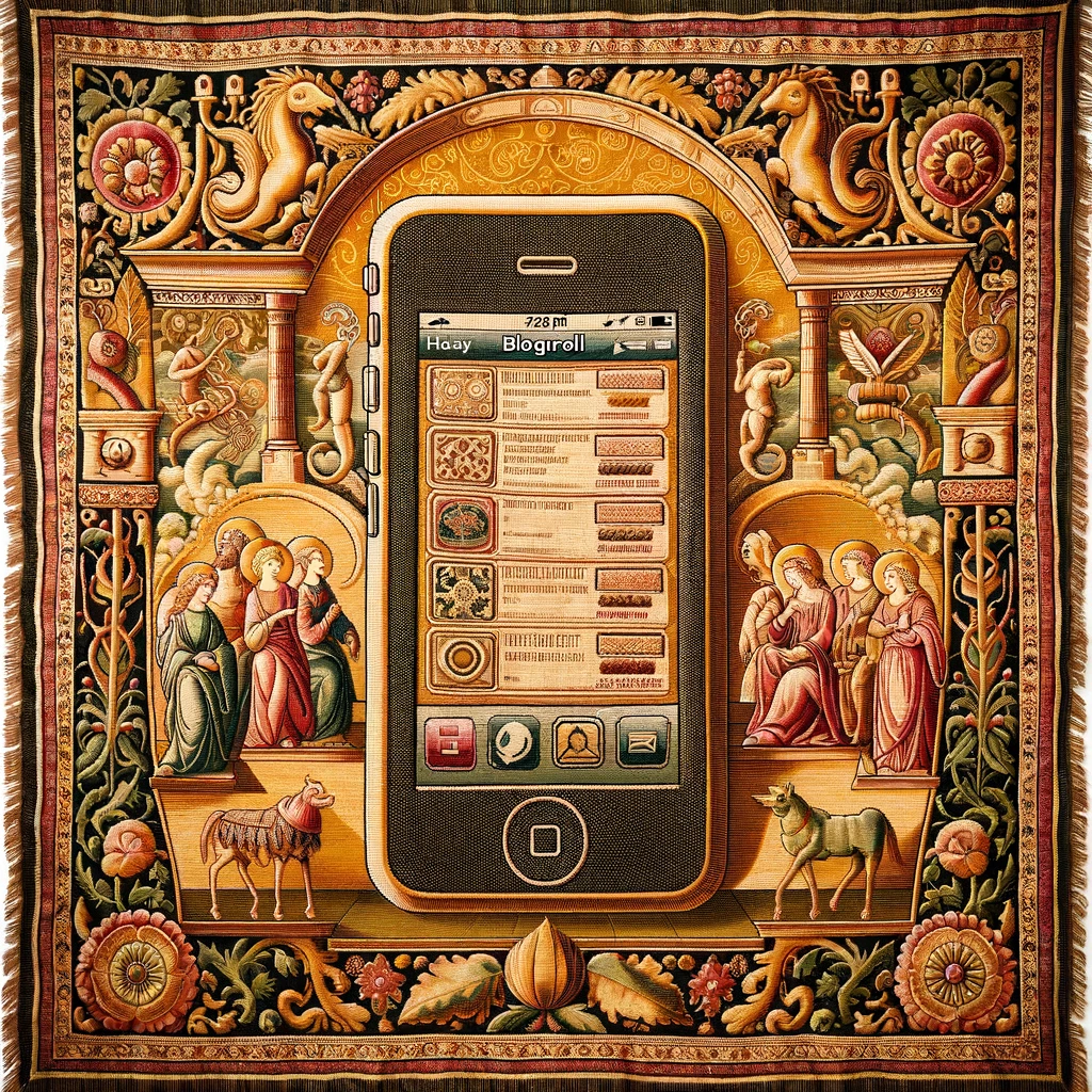 an AI-generated image that interprets a smartphone displaying a blogroll in the style of a medieval tapestry. These artworks blend modern digital concepts with the rich, textured tradition of tapestry weaving, featuring ornate borders and a stylized portrayal 