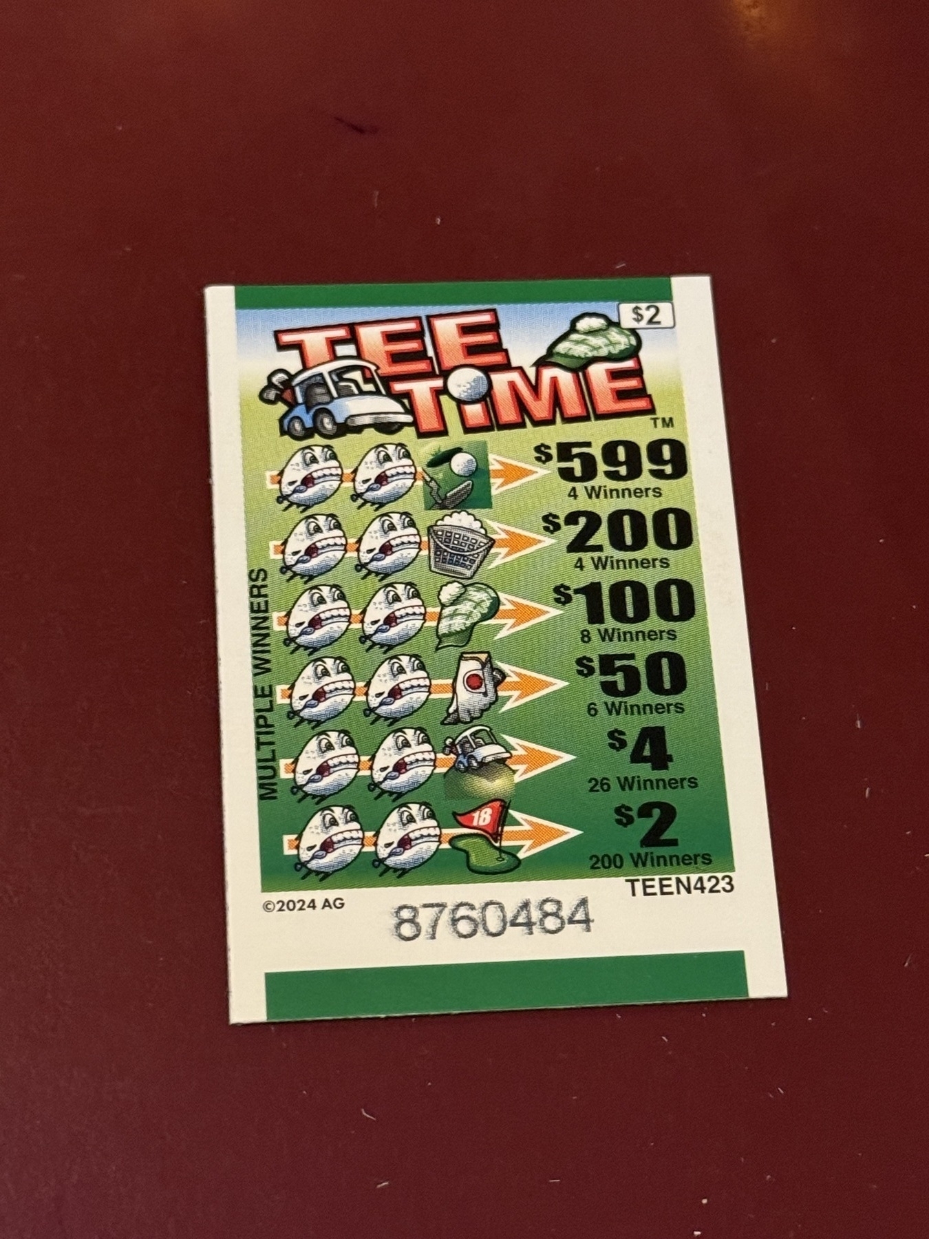 Auto-generated description: A pull tab ticket called Tee Time with multiple prize amounts listed, including $599, $200, and $500.